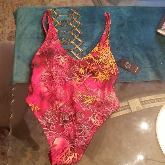 RELLECIGA Swim Relleciga Red Floral Low Cut Front Back One Piece